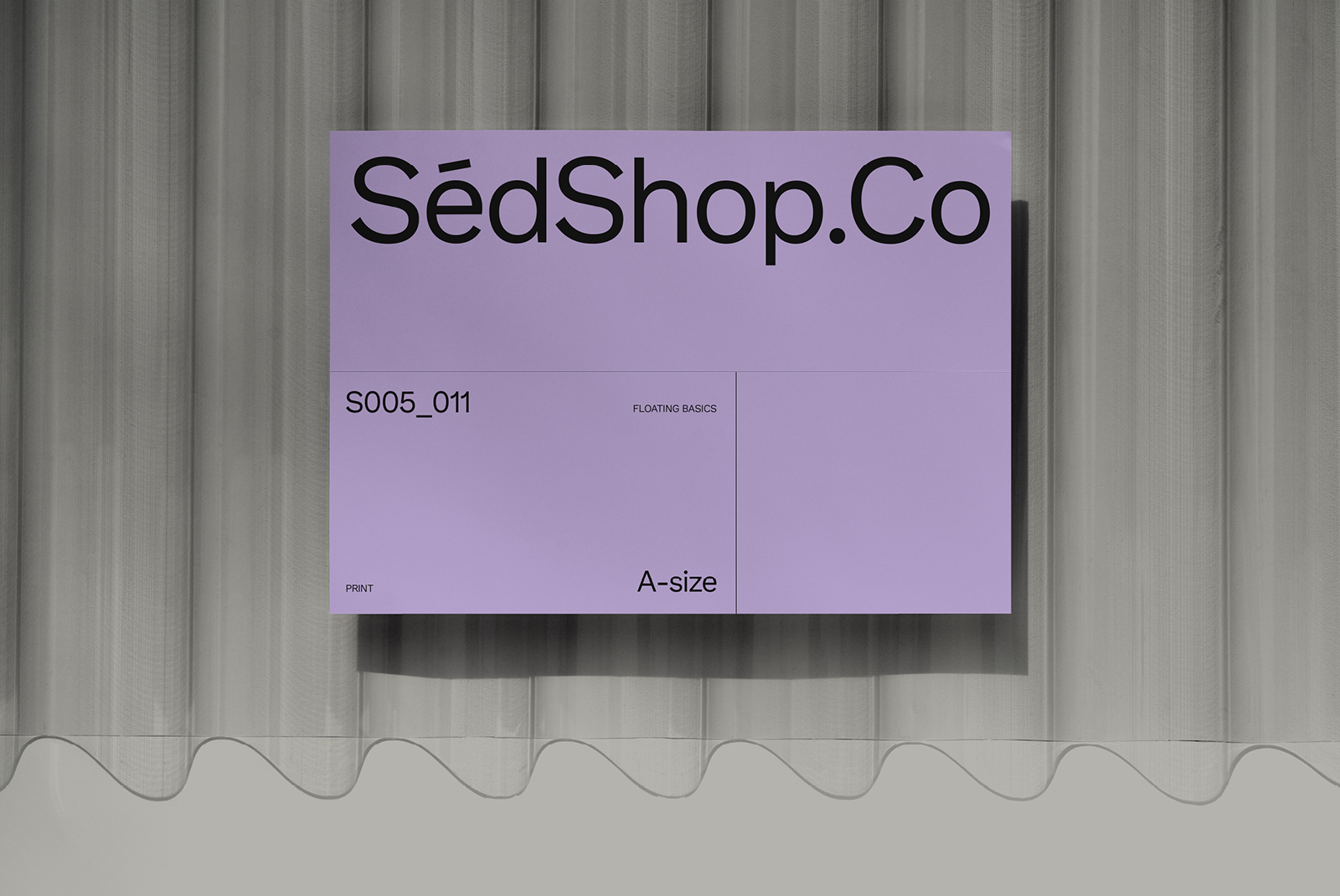 Minimalistic poster mockup with purple overlay design on a draped fabric background for creative presentation and portfolio showcase.